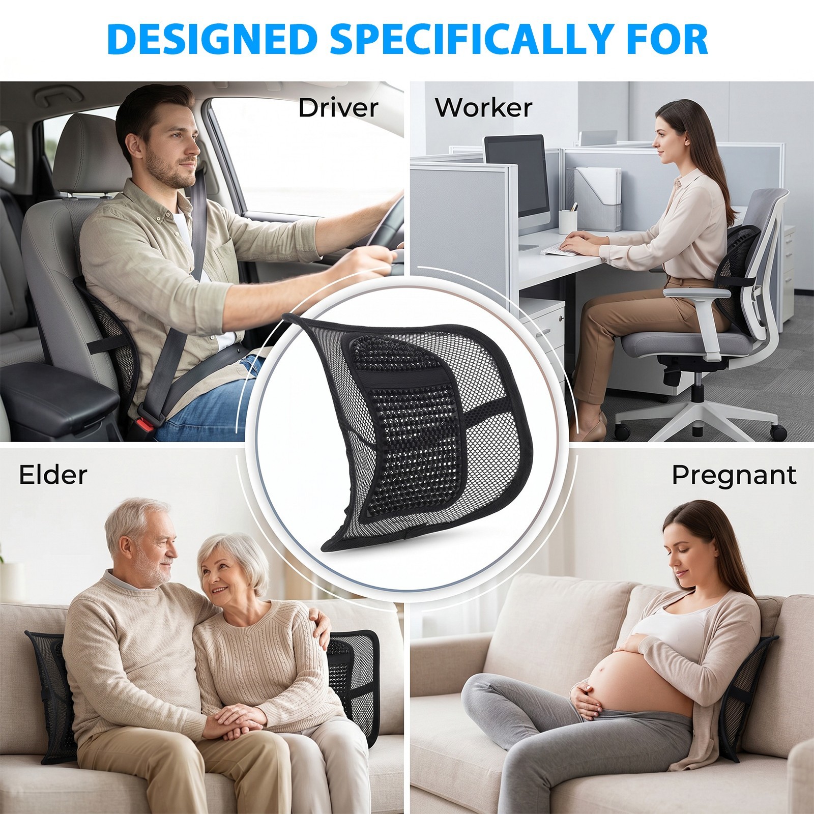 Car Seat Back Support Breathable Mesh Back Lumbar Support Cushion w/Massage Bead