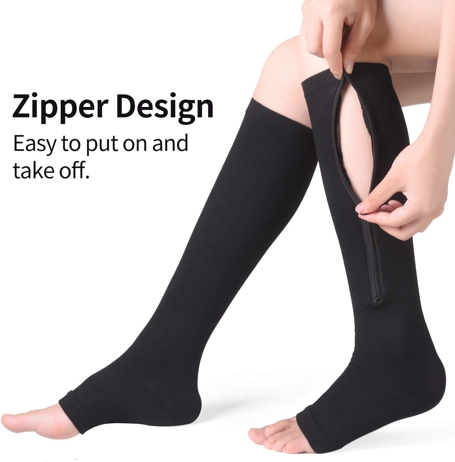 Zipper Compression Socks 20-30mmHg Set of 3 Pairs Open Toe Stockings S/M, L/XL