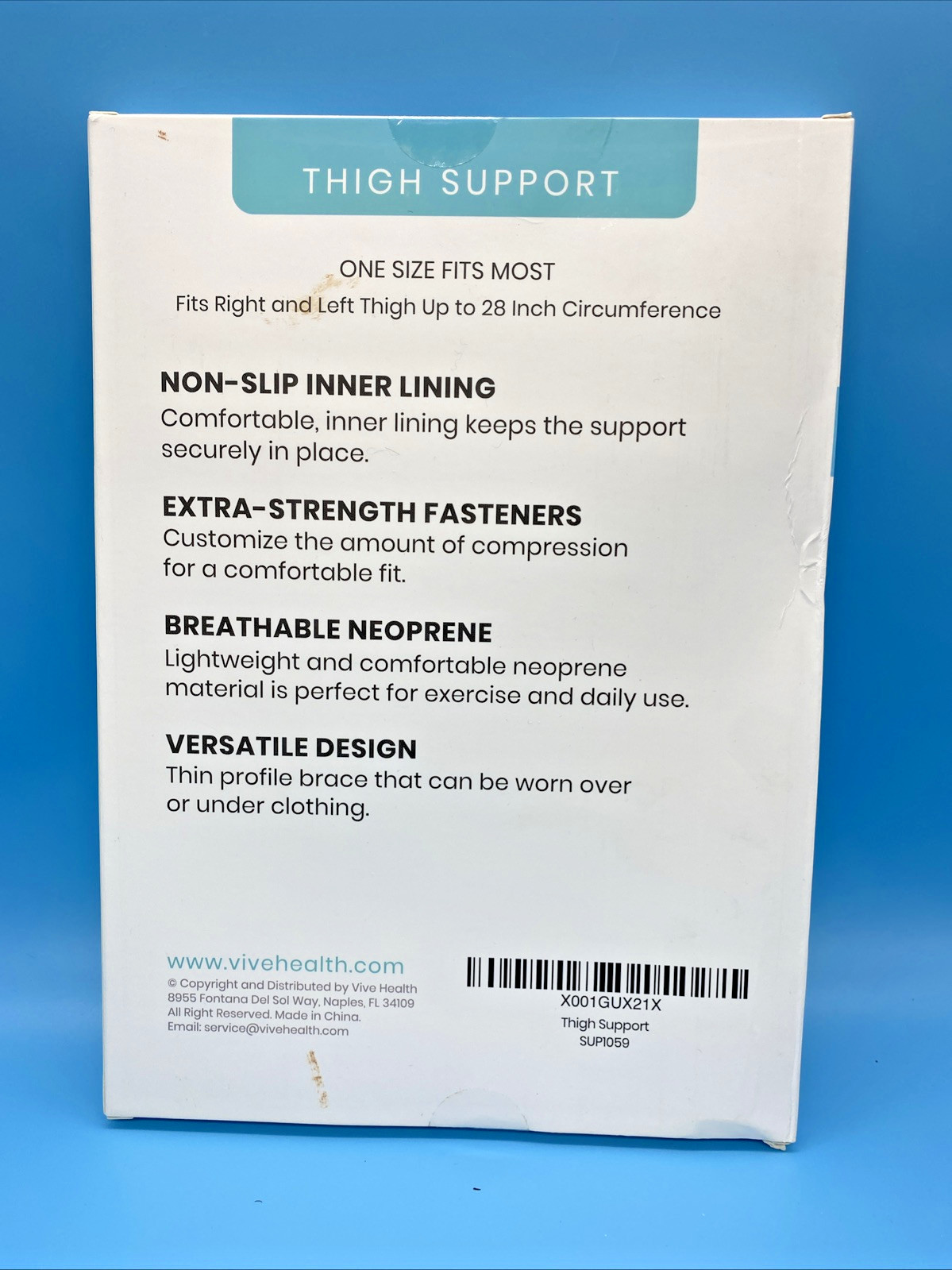 VIVE Thigh Support Breathable Neoprene Non-Slip One Size (R or L) 28″ Black NEW