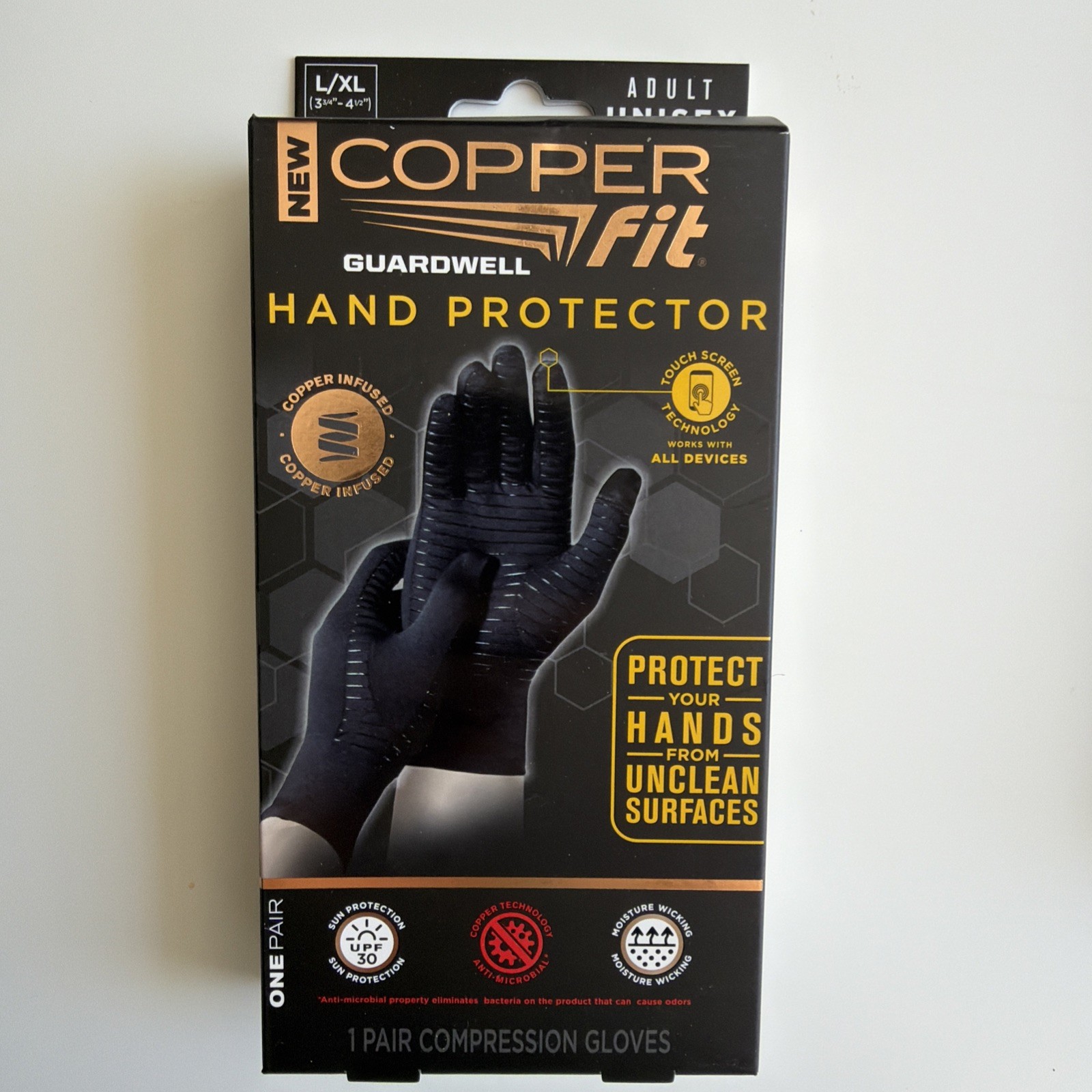 PACK OF 3 Copper Fit Guardwell Hand Protector Gloves,Unisex, Size L/XL – Black