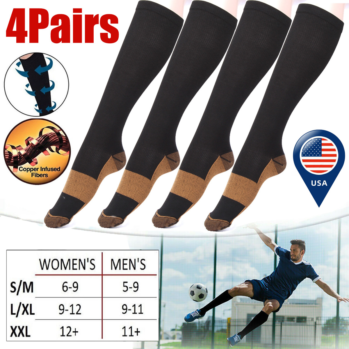 4 Pairs Copper Compression Socks 20-30mmHg Graduated Support Men’s Women’s S-XXL
