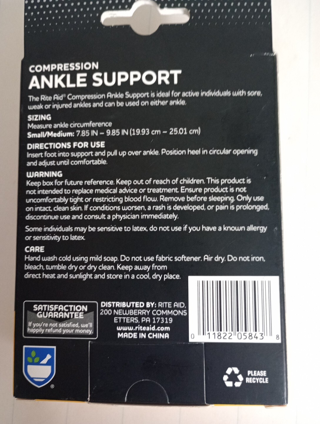 Rite Aid Compression Ankle Support Color Black Size S/M