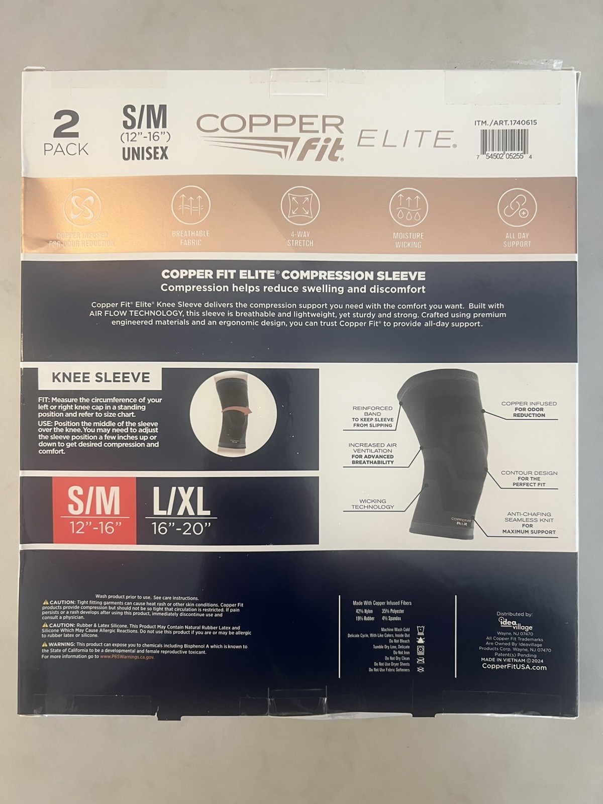 Copper Fit Elite Compression Knee Sleeve 2 Pack S/M Black Airflow Support Brace