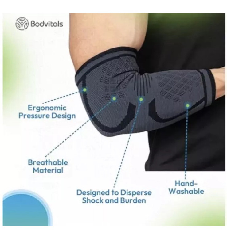 BODVITALS Elbow Compression Sleeve Brace for Tendonitis & Tennis Elbow Med Black