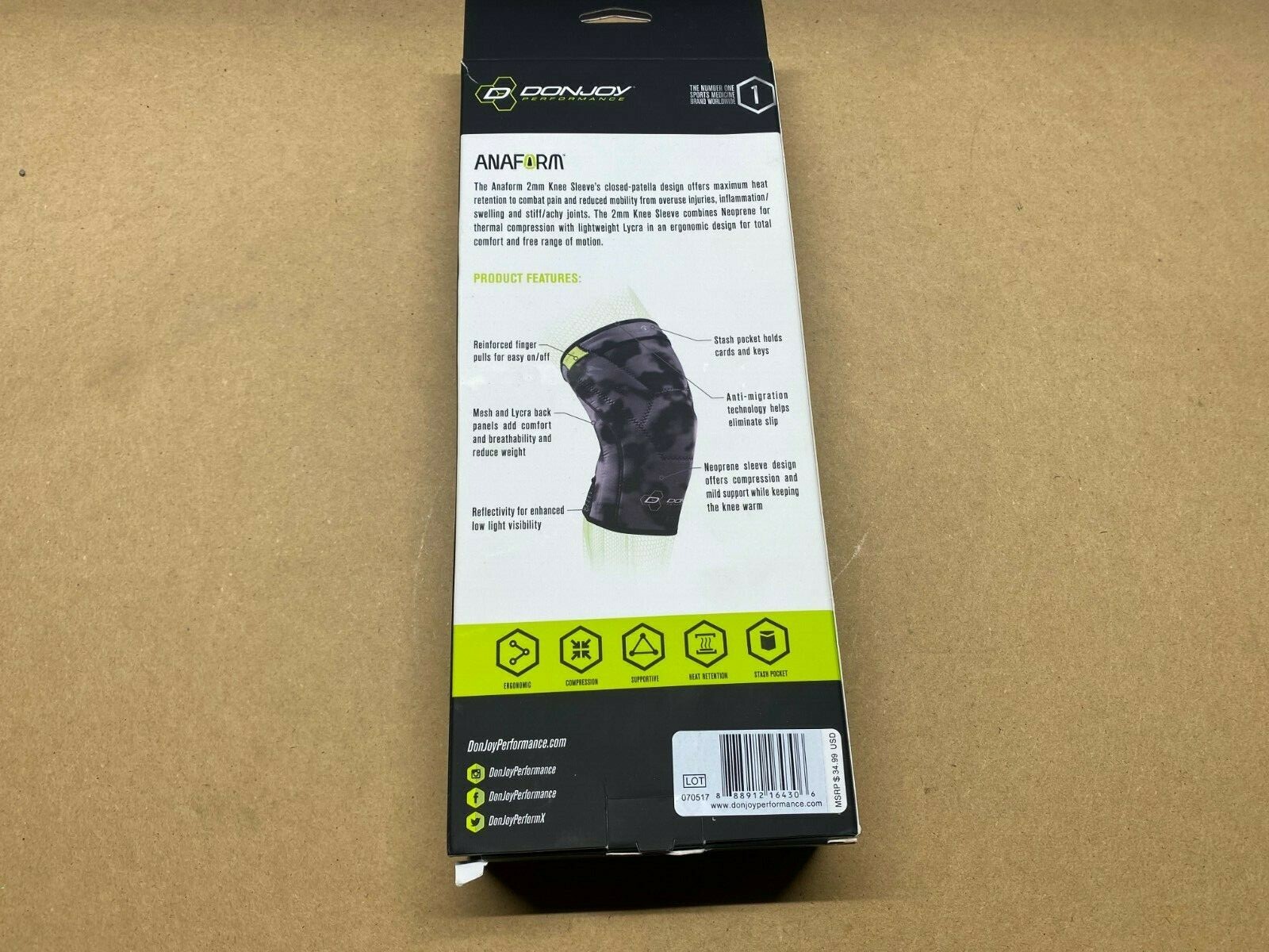 DonJoy Performance Anaform 2MM Knee Compression Sleeve Support size small 13-14