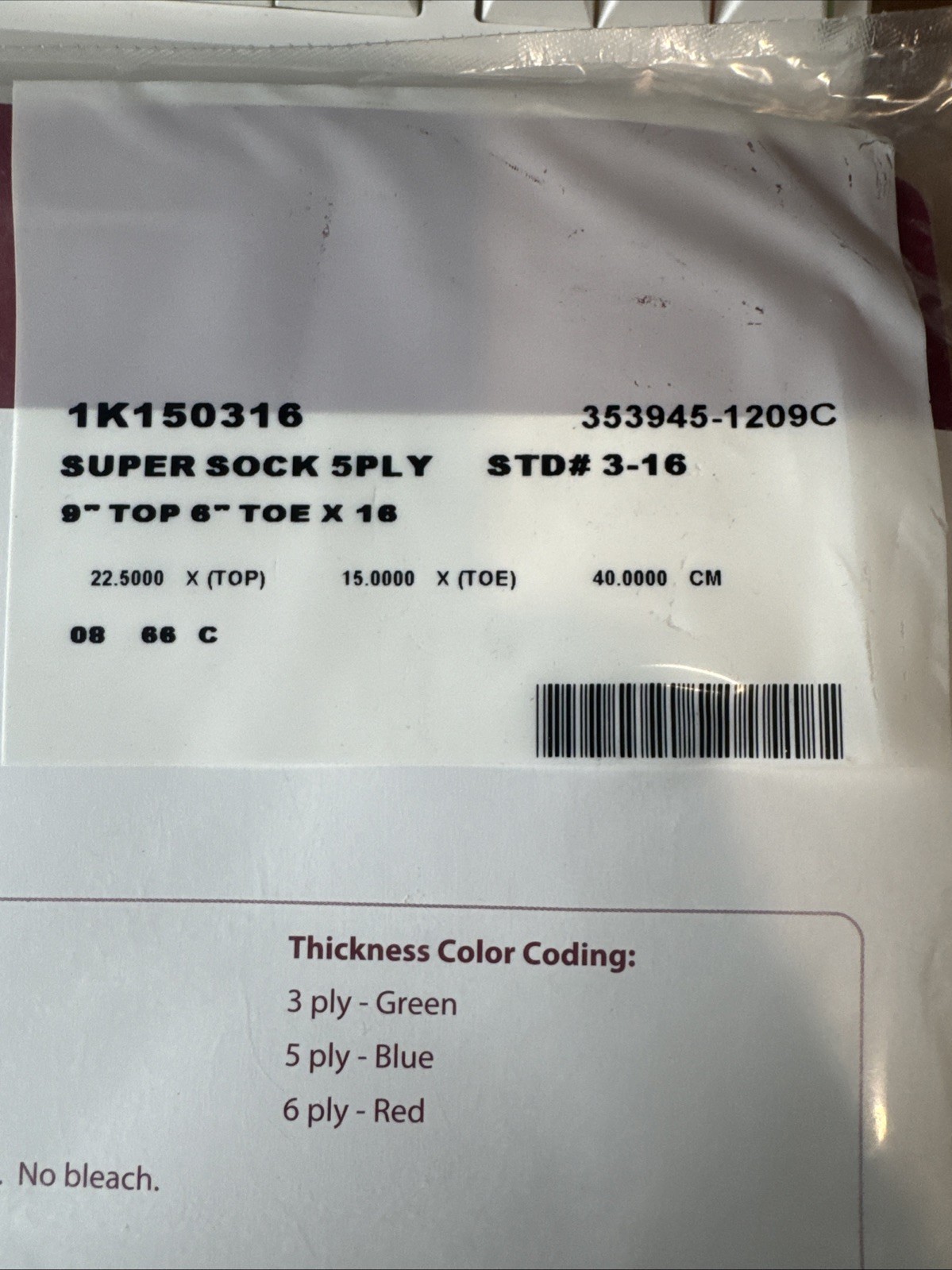 New Knit-Rite Prosthetic Super Sock 100% Wool 5 PLY 9” Top 6” Toe x 16” 1K150316