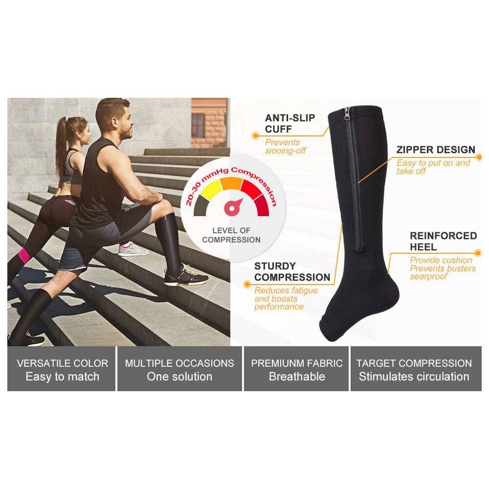 Zipper Open Toe Compression Socks 20-30mmHg Varicose Vein Arch Support Stocking