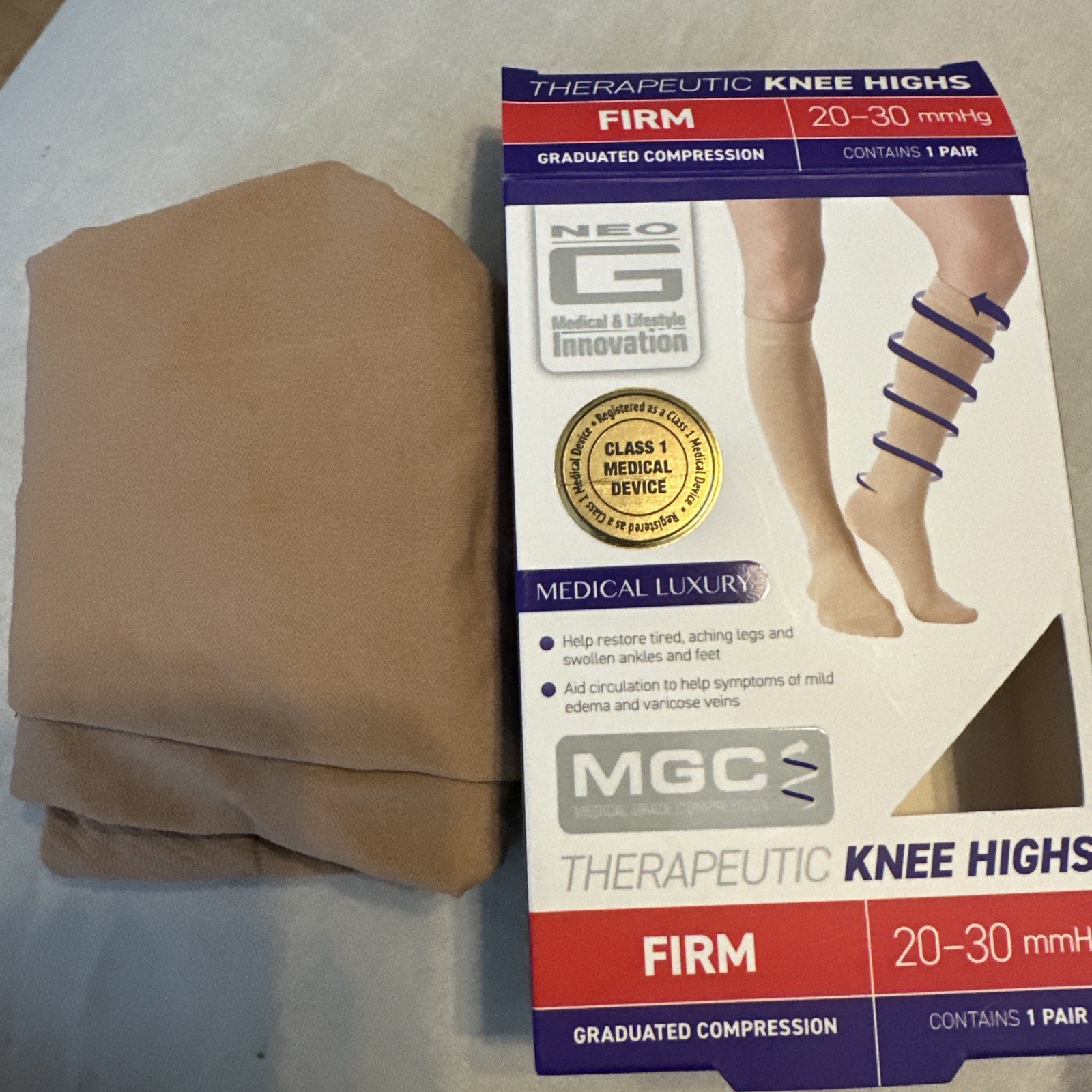 Neo G Knee High Therapeutic Socks Firm 20-30mmHg Large Beige