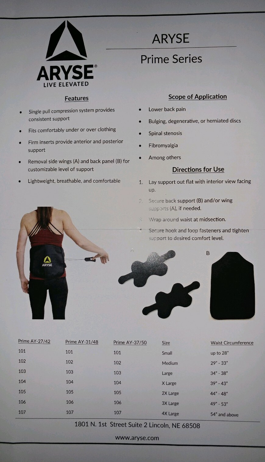ARYSE AY-37/50-103 Live Elevated Back Brace Compressive Prime Series LARGE