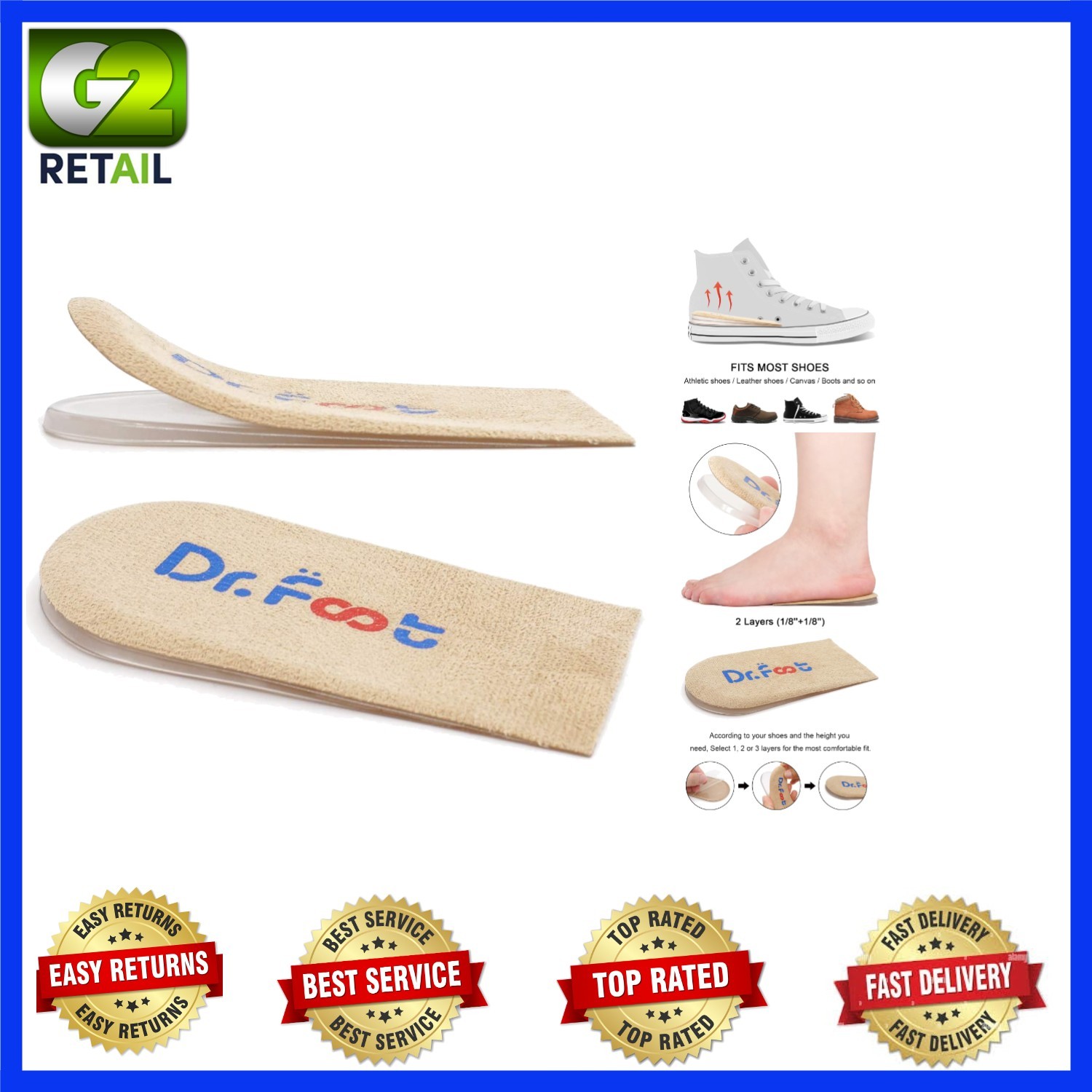 Dr.Foot Adjustable Heel Lift Inserts – Beige Orthopedic Insoles for Comfort