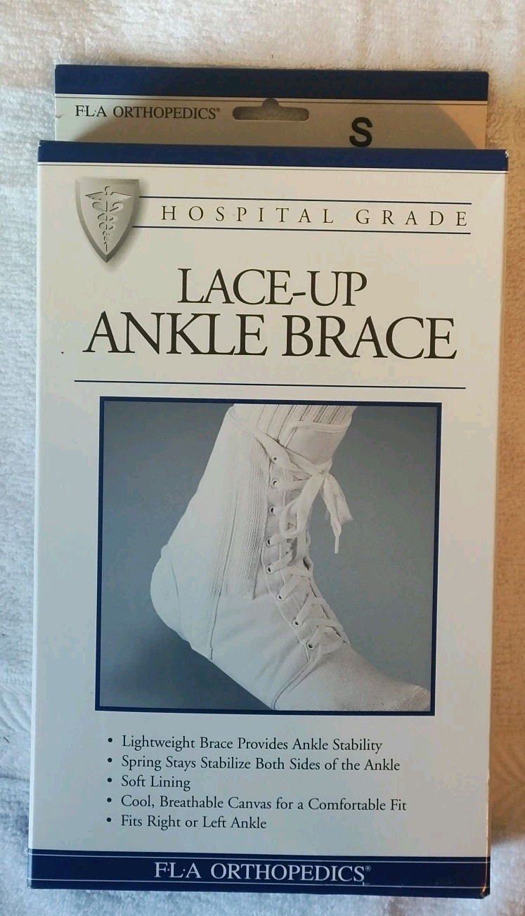 White SMALL ANKLE BRACE LACE-UP Fits left or right w removable metal spring
