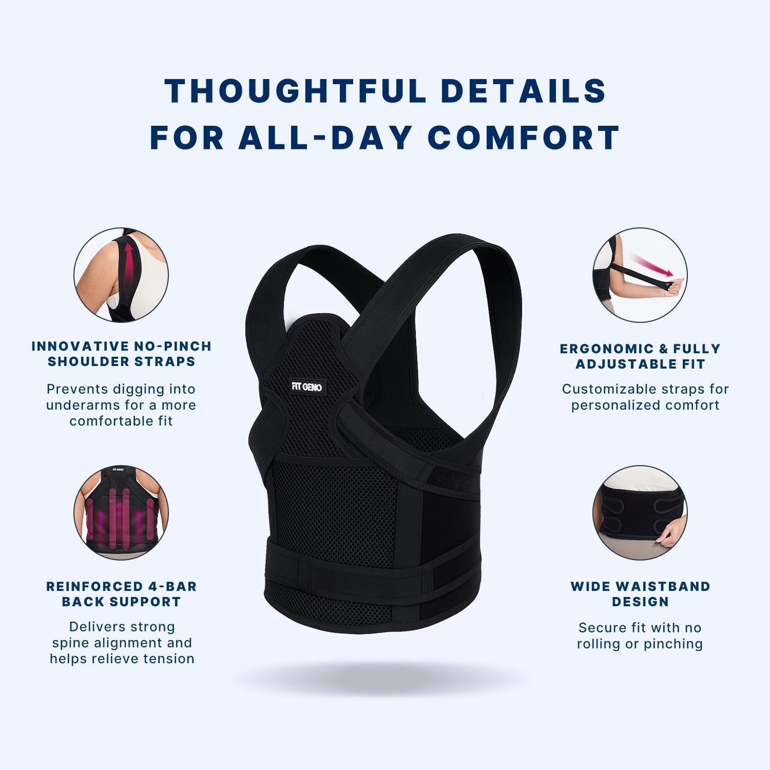 Ultimate Back Support Brace for Upper and Lower Pain Relief – Adjustable Fit