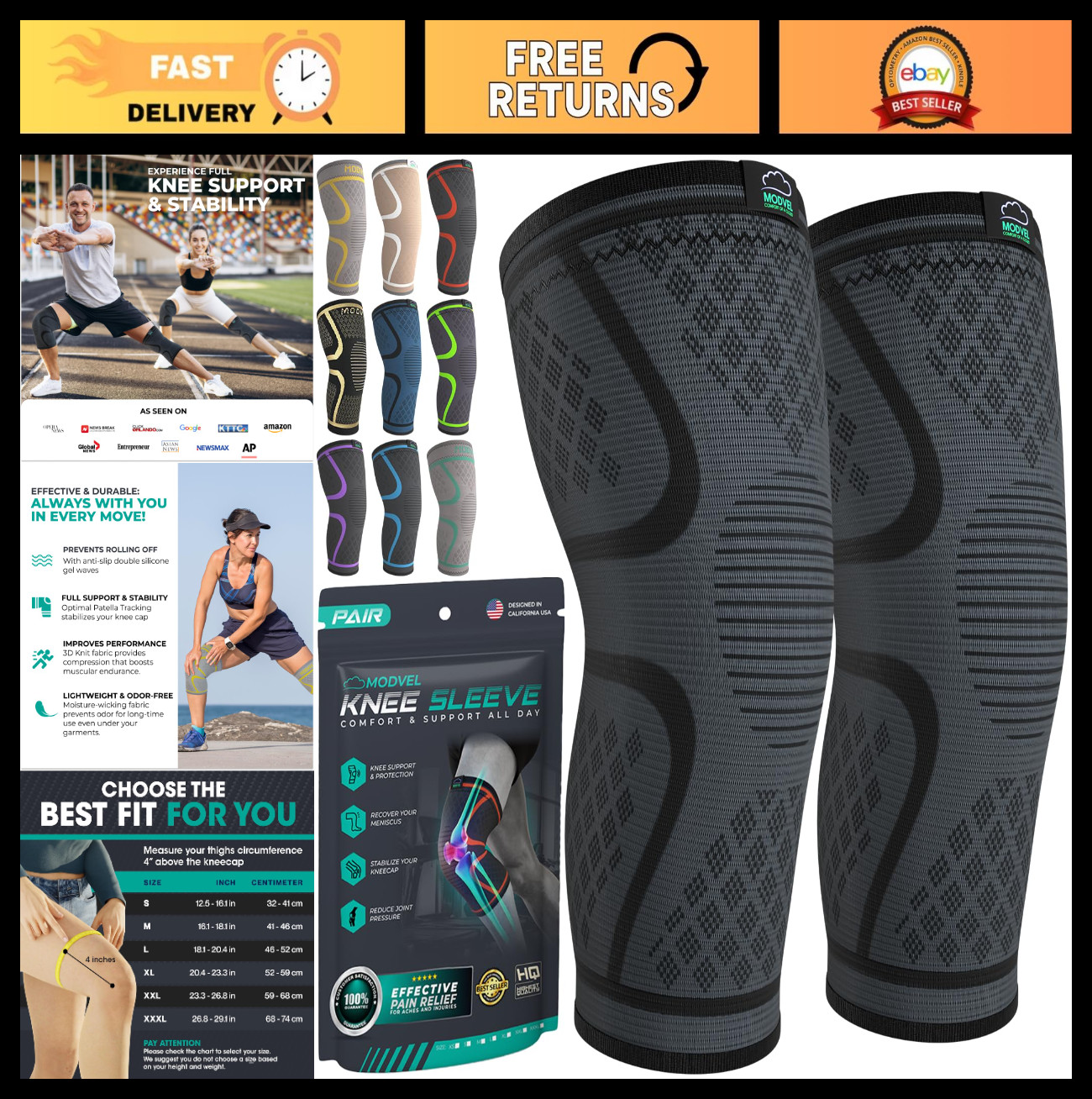 Compression Knee Brace for Men & Women – 2 Pack Support Sleeves for Running, Pai