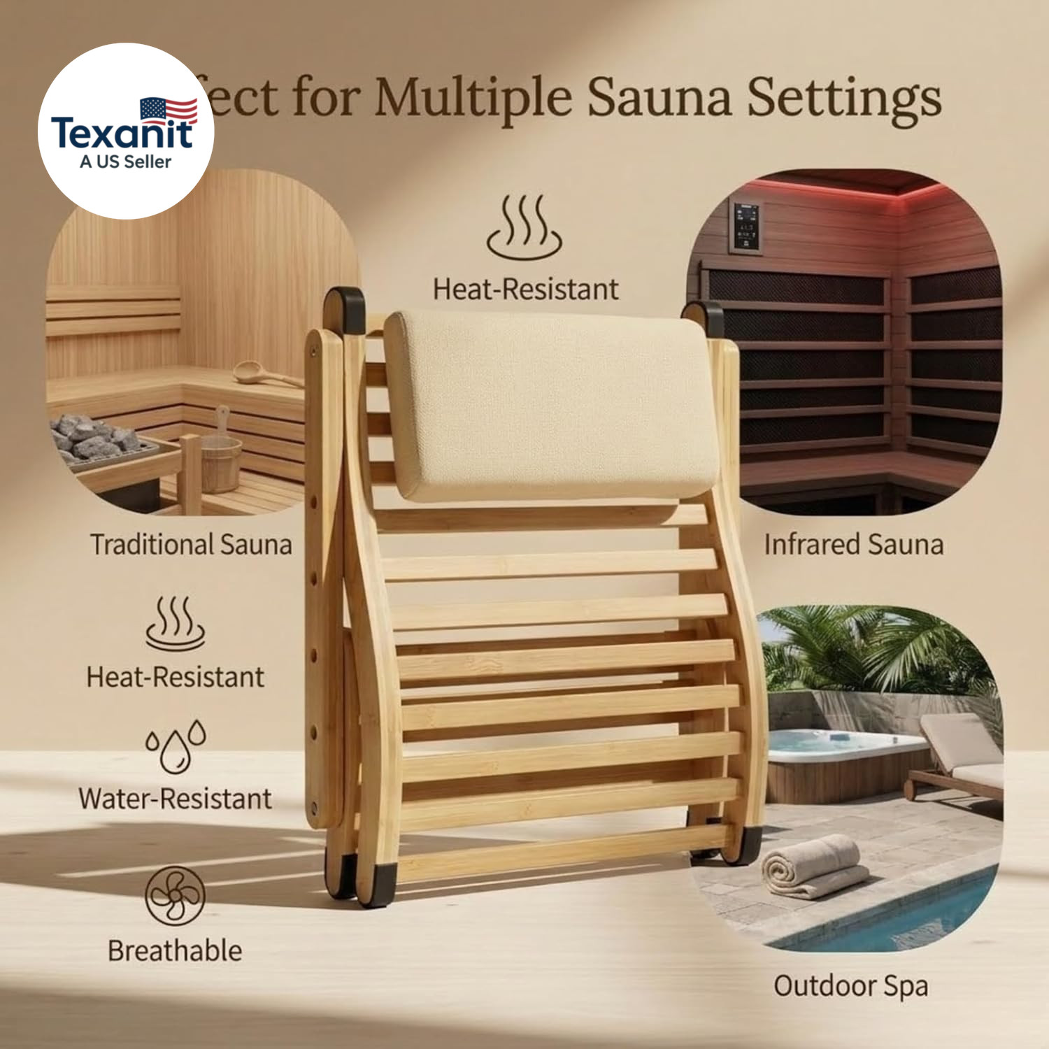 Sauna Backrest with Neck Pillow – Ergonomic S-Shape Bamboo Back Support for Infr