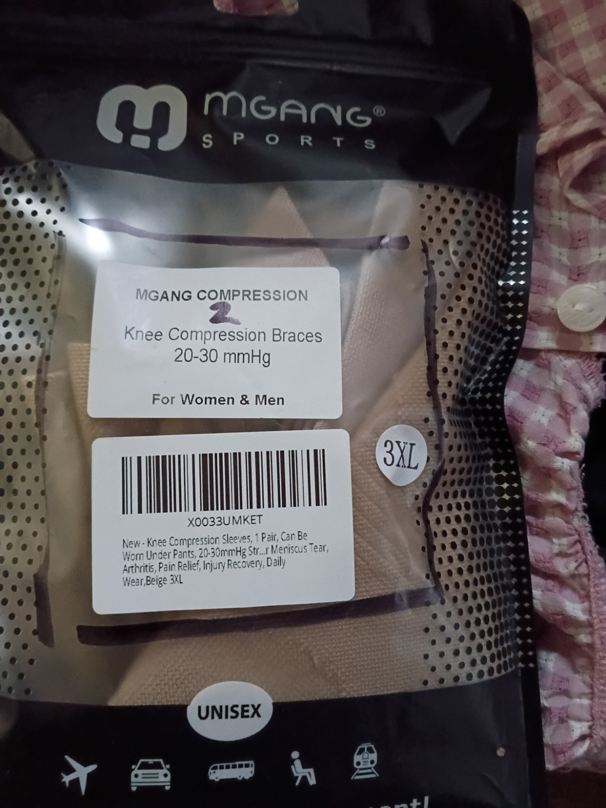 MGANG Knee Compression Sleeve 20-30 mmHg Beige Unisex Size 3XL