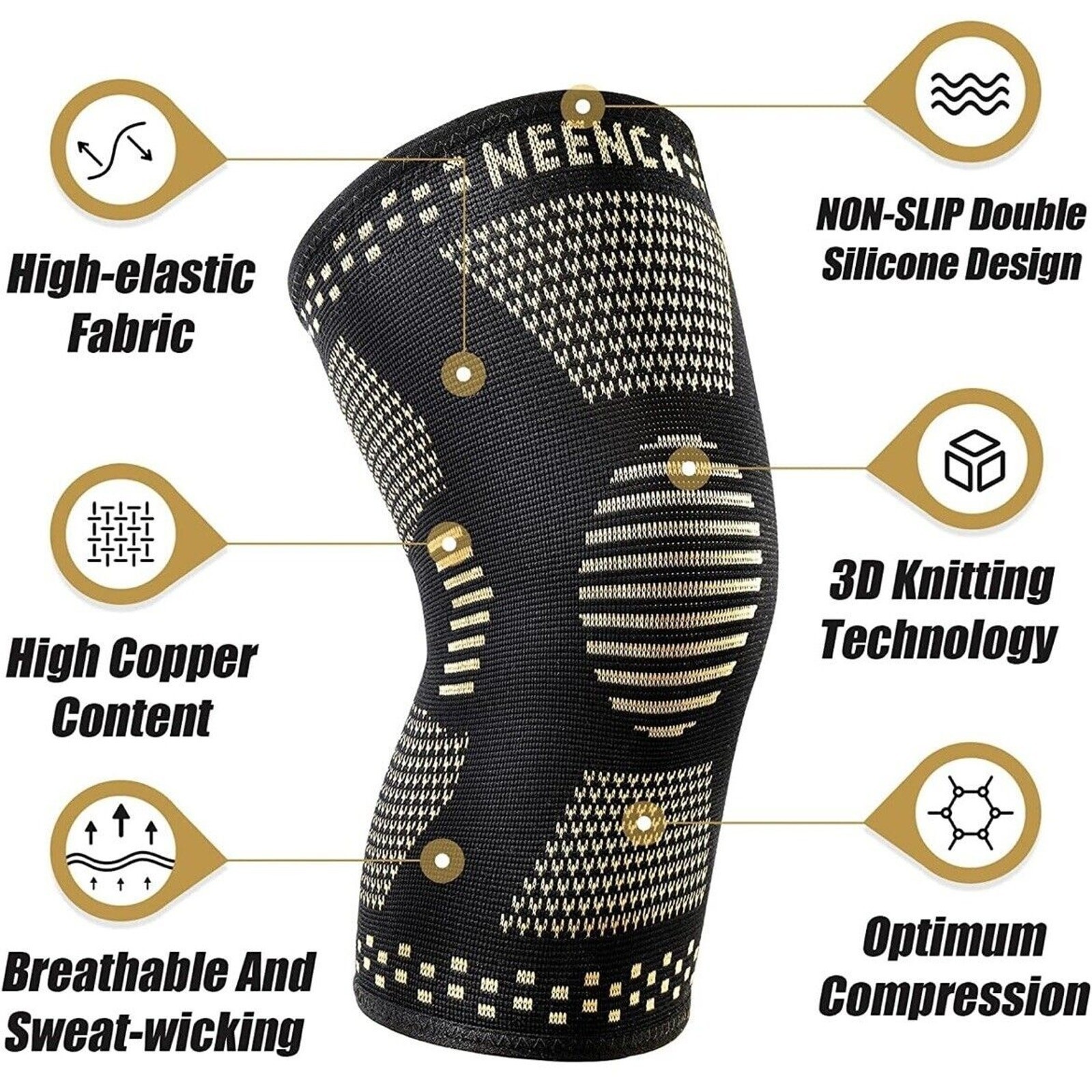 NEENCA Unisex XL Copper Knee Brace Sleeves Pro Compression Knee Brace 2Pk Black