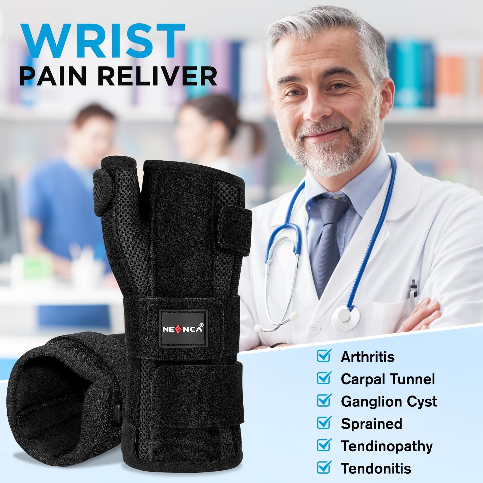 NEENCA Carpal Tunnel Wrist Brace with Thumb Support, XL/XXL/XXXL, Black