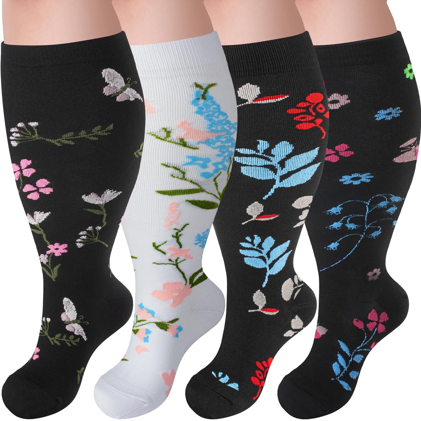 4 Pairs Plus Size Compression SocksExtra Wide Calf 20-30 mmHg Knee High Compr…