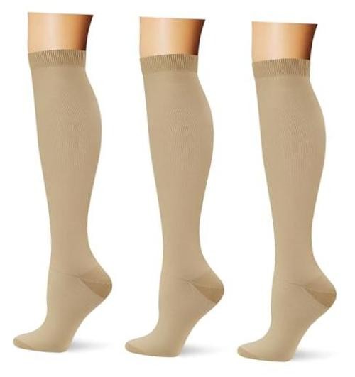 (3 pairs) Compression Socks 20-30 mmHg Long Knee High Large-X-Large 3p8 3 Khaki