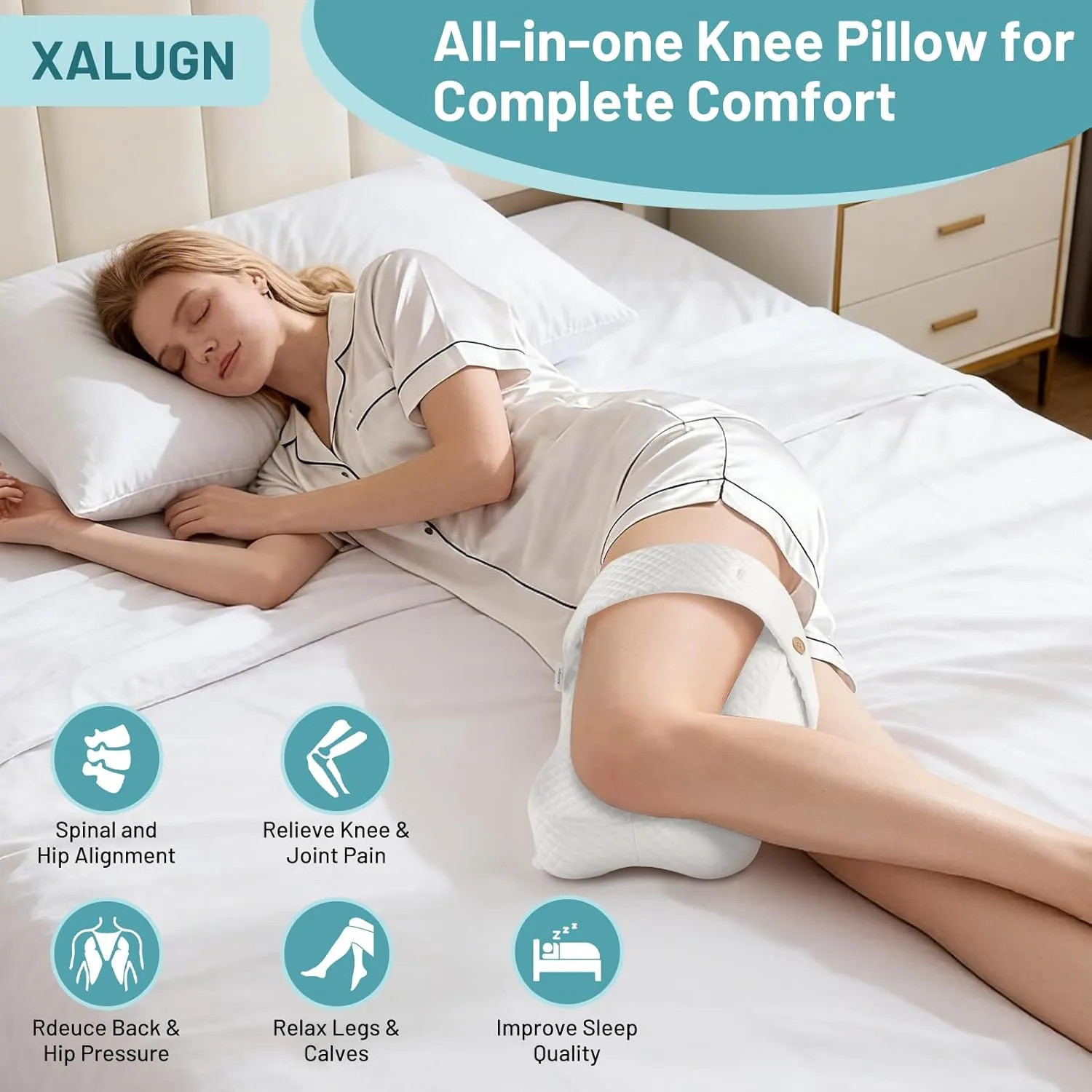 Memory Foam Knee Pillow For Side Sleepers Adjustable Strap Hip Spine Pain Relief