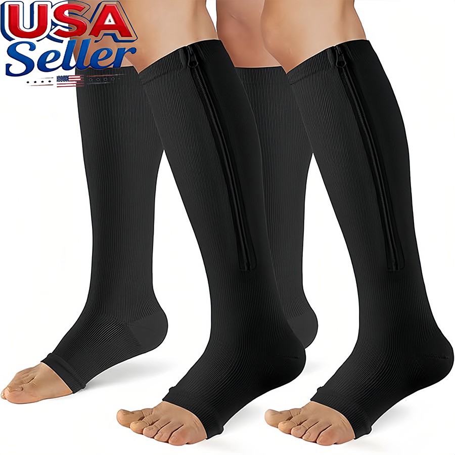 Zip Up Open Toe Compression Zipper Socks Calf Support Stockings Unisex 1/3 Pairs