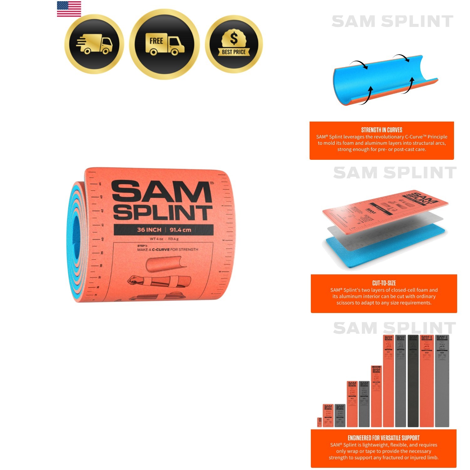 Sam Splint, 36″, Orange & Blue | Moldable Aluminum Foam, For Fractures, Sprai…