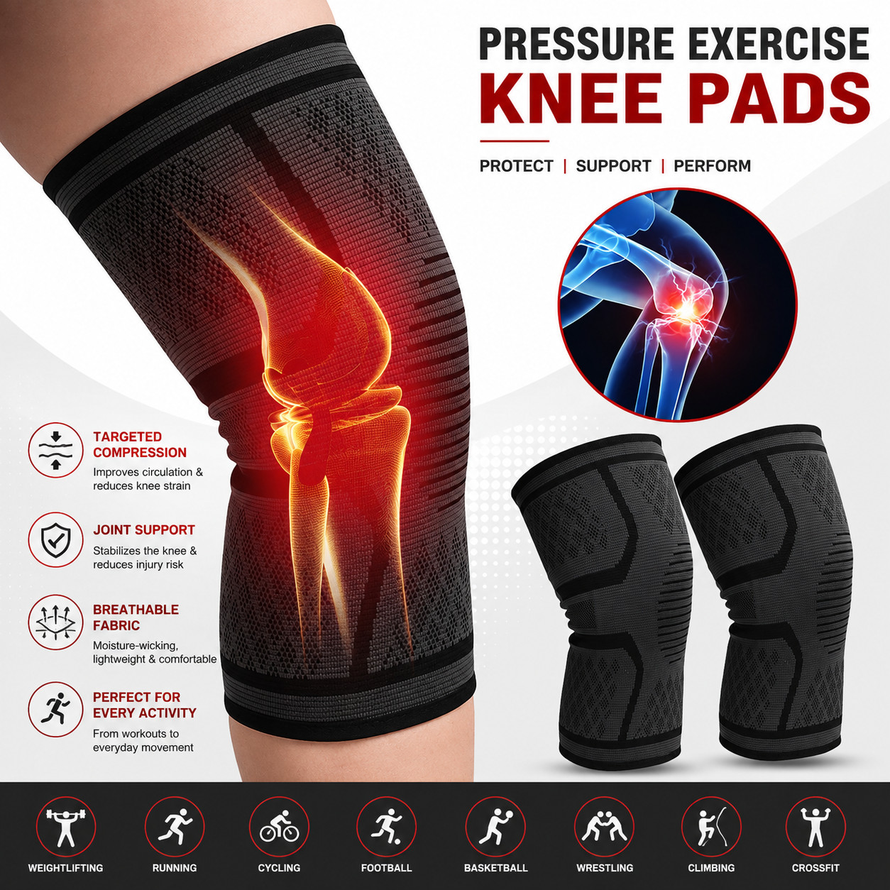 Knee Compression Sleeve Brace Support for Sports Gym Arthritis Joint Pain Relief