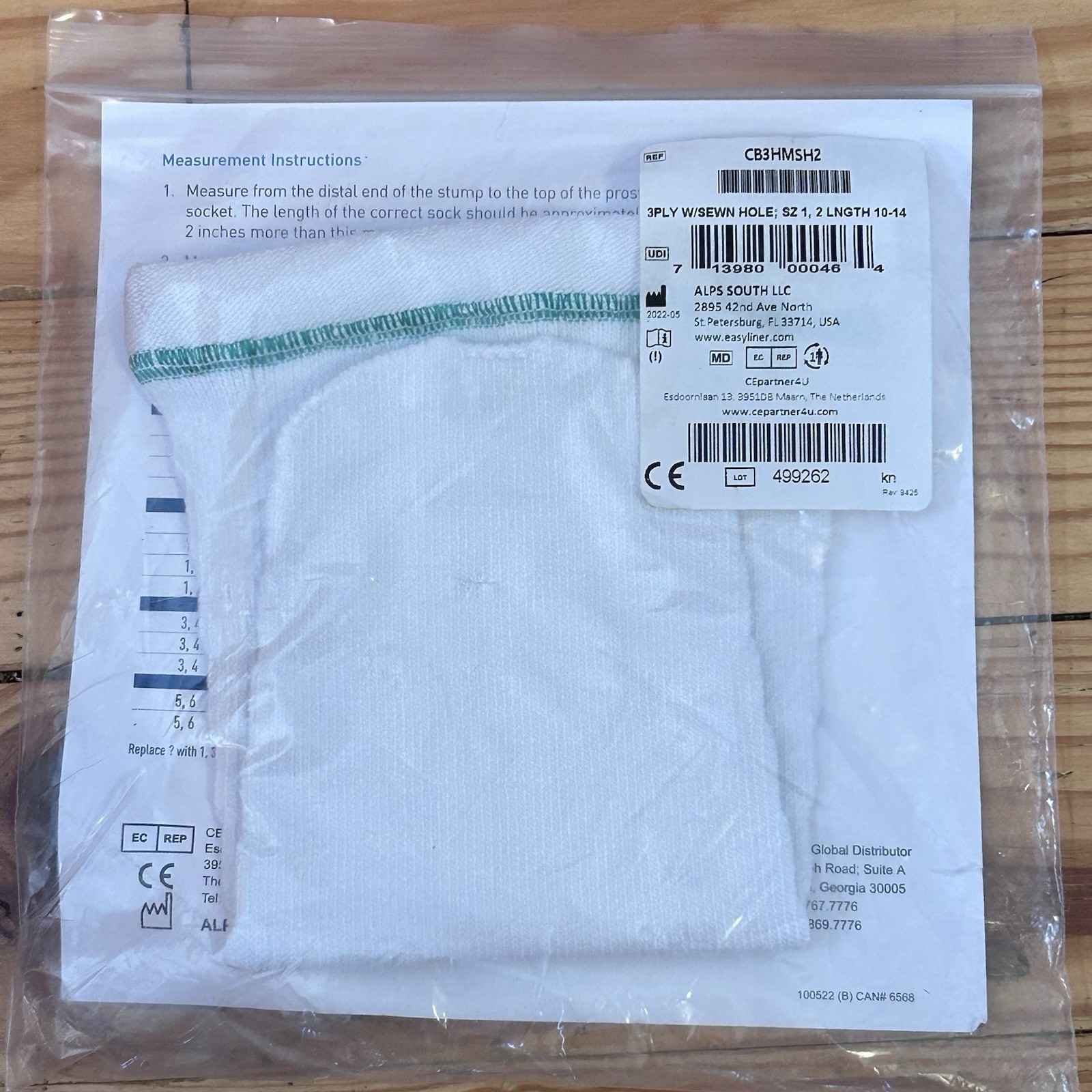 Prosthetic Sock Cool Blue Sewn Hole 3 Ply GREEN CB3MDSHS Size 1,2 length 10-14