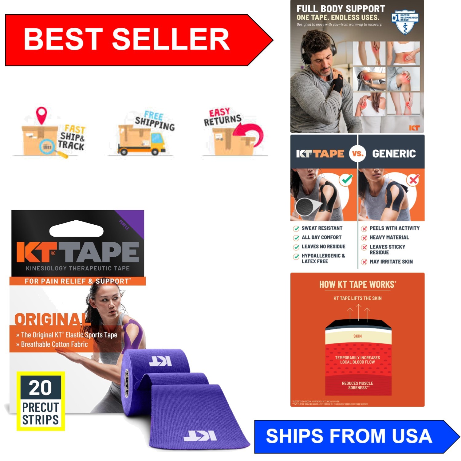 Elastic Kinesiology Tape – 20 Count 10” Strips, Hypoallergenic Support
