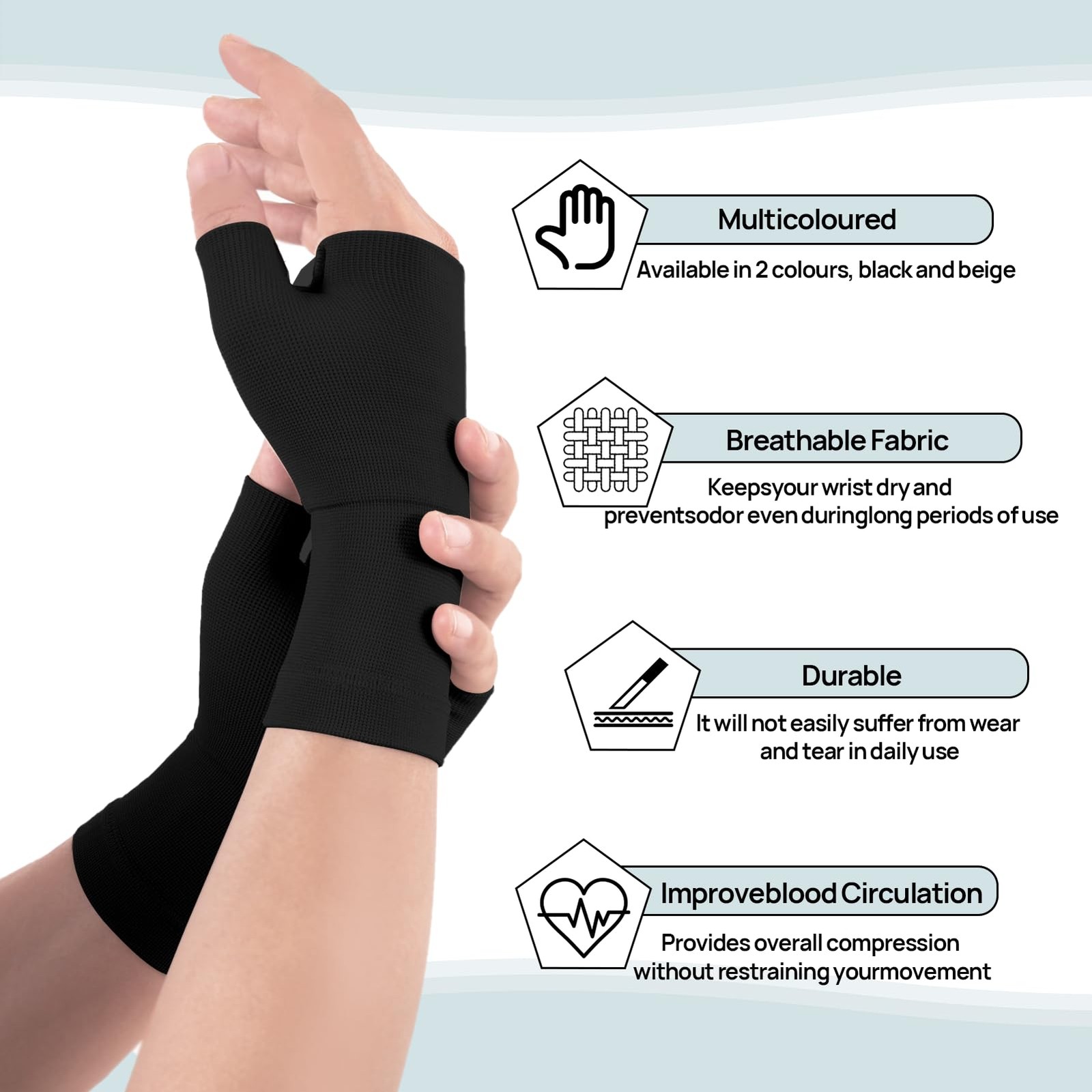 1 Pair Copper Compression Wrist Brace Carpal Tunnel Night Support Sleeve Black