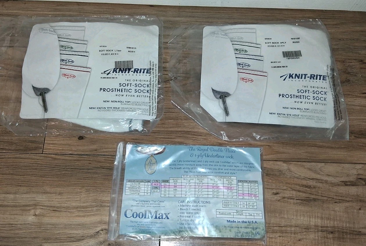 2 NEW Knit-Rite Soft-Sock Prosthetic Socks and 1 NEW CoolMax Sock Set of 3 Socks