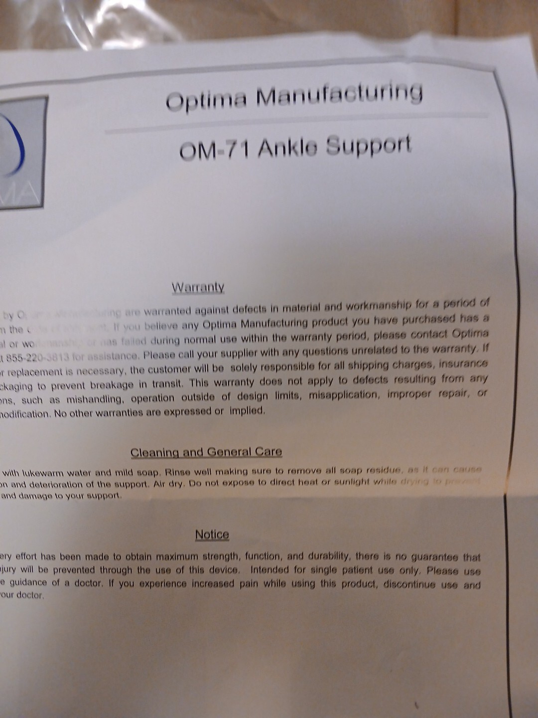 Optima OM-71 Ankle Support Brace SMALL Adult, LEFT Foot (1pc.) Unisex Universal