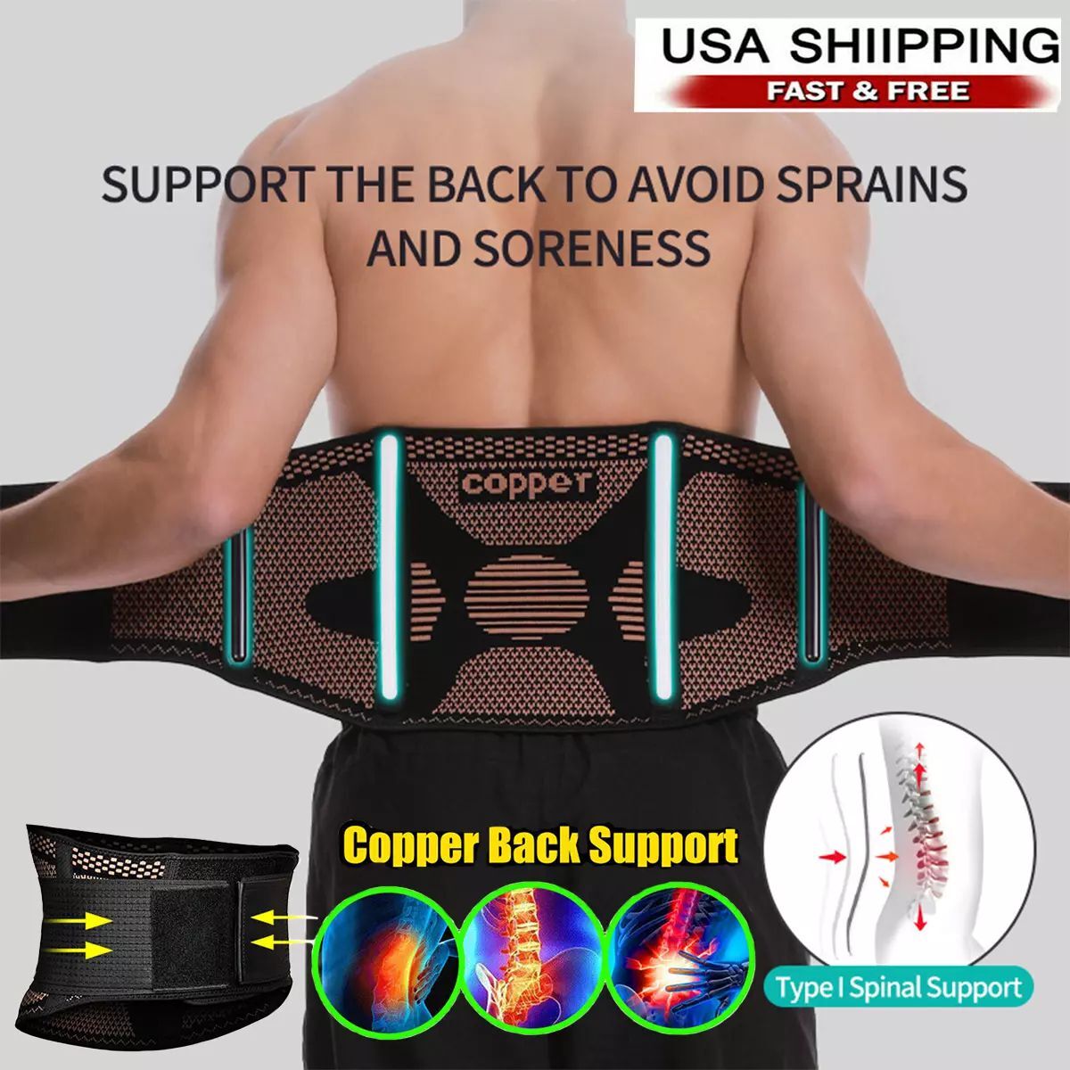 Fitness Copper Lumbar Waist Support Brace Belt Lower Back Pain Relief Gym Indoor