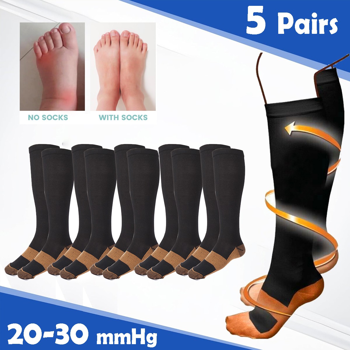 5 Pairs Copper Compression Socks for Men Women 20-30 mmHg Knee High Stockings