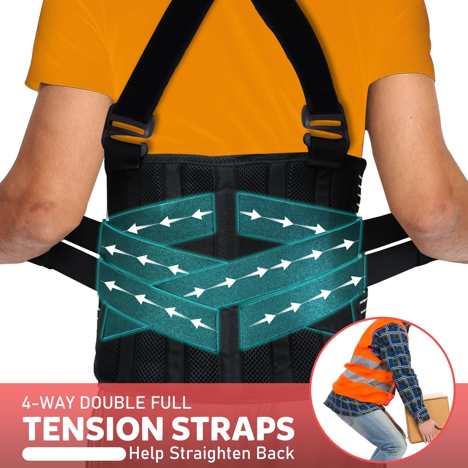 Plus Size 2XL/3XL Work Back Brace with 2 Removable Suspender Straps, Back Pos