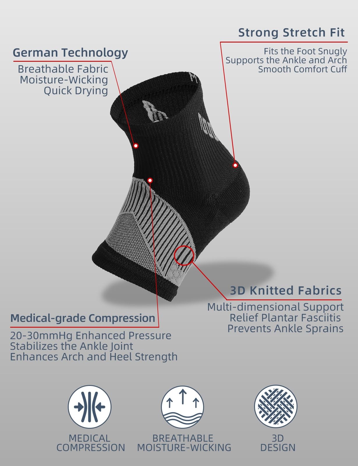 Rolxmed Ankle Compression Sleeve Elastic Wrap Support Brace Large, Black