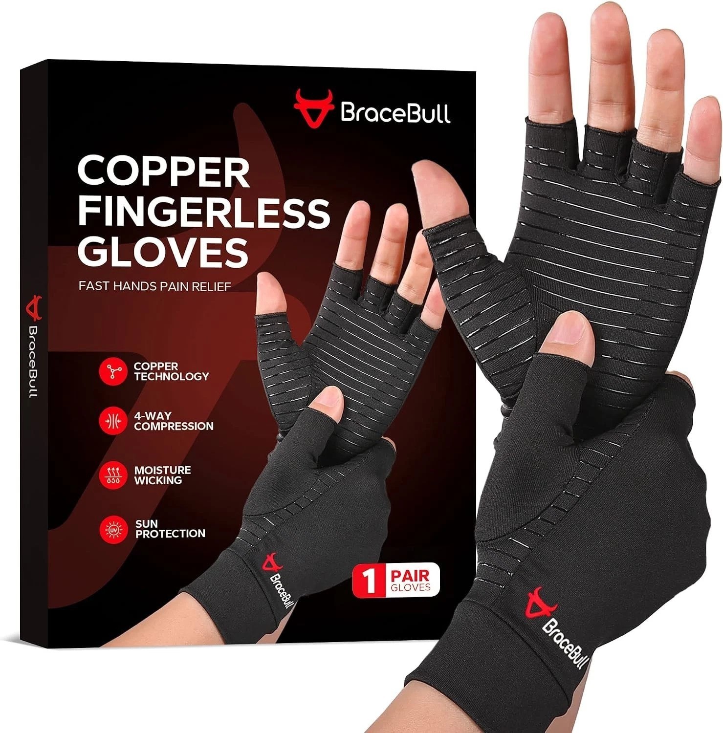 Copper Infused Fingerless Compression Glove, Arthritis Pain Relief