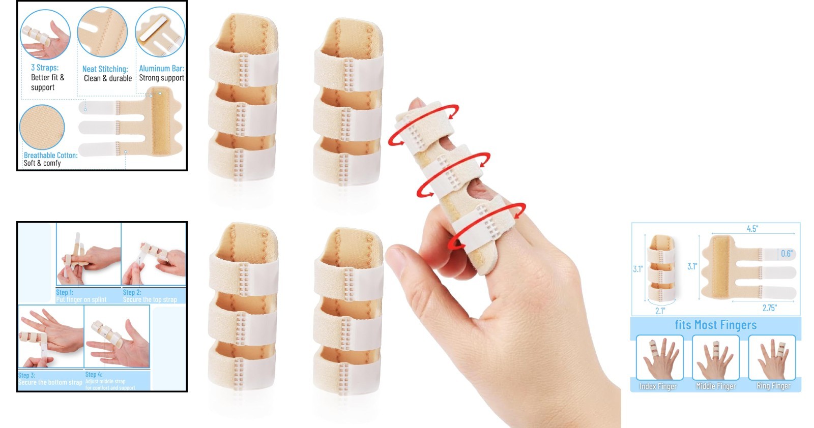 4-Pack Adjustable Finger Splints for Joint Pain Relief – Fits All Finger Sizes