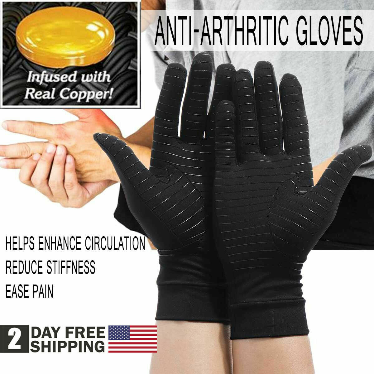 2 Pair Copper Anti-Arthritis Compression Gloves Full Finger Joint Pain Relief US