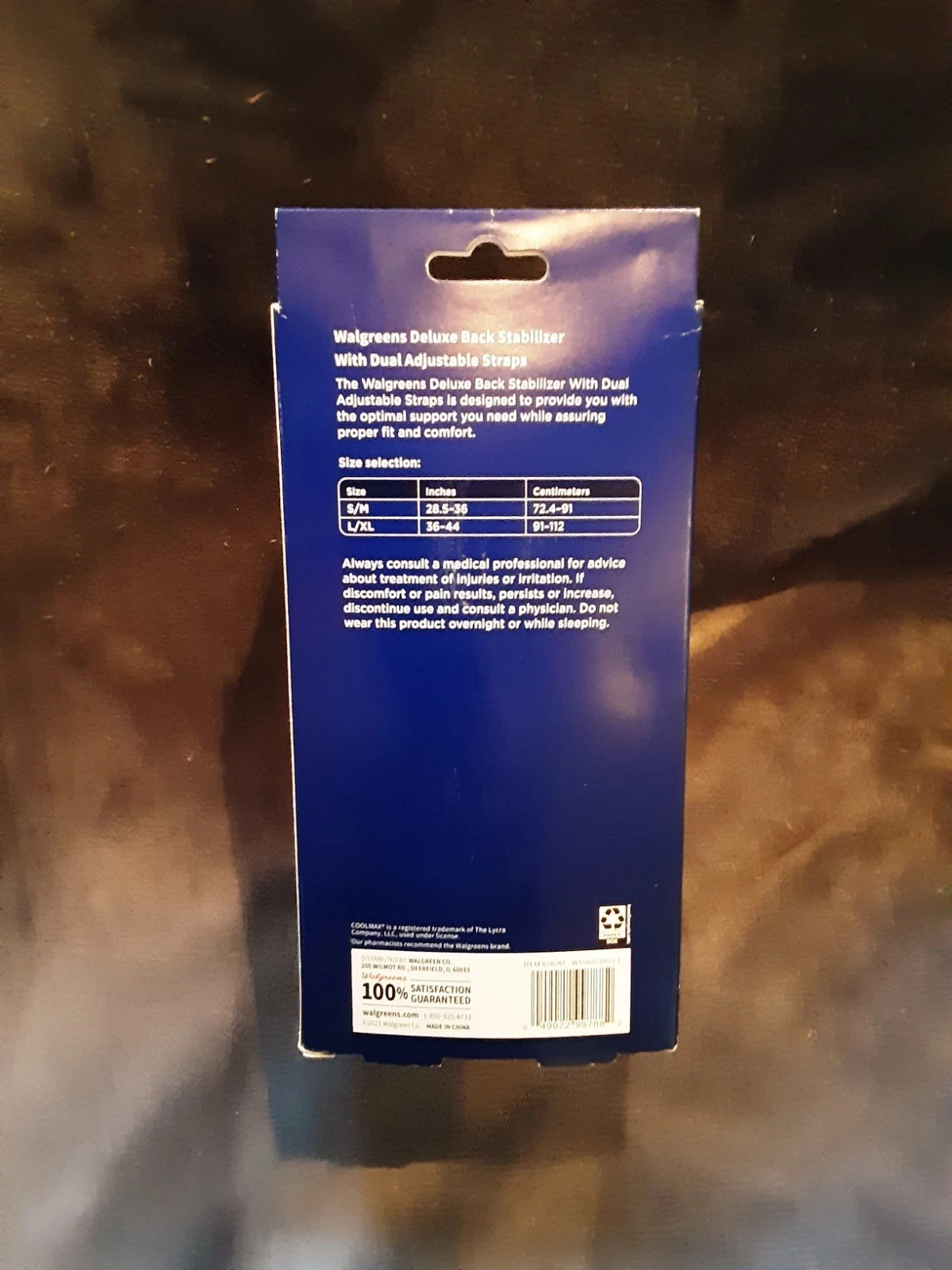 NEW Walgreen Deluxe Back Stabilizer Size L/XL Coolmax, Antimicrobial Lumbar Pad