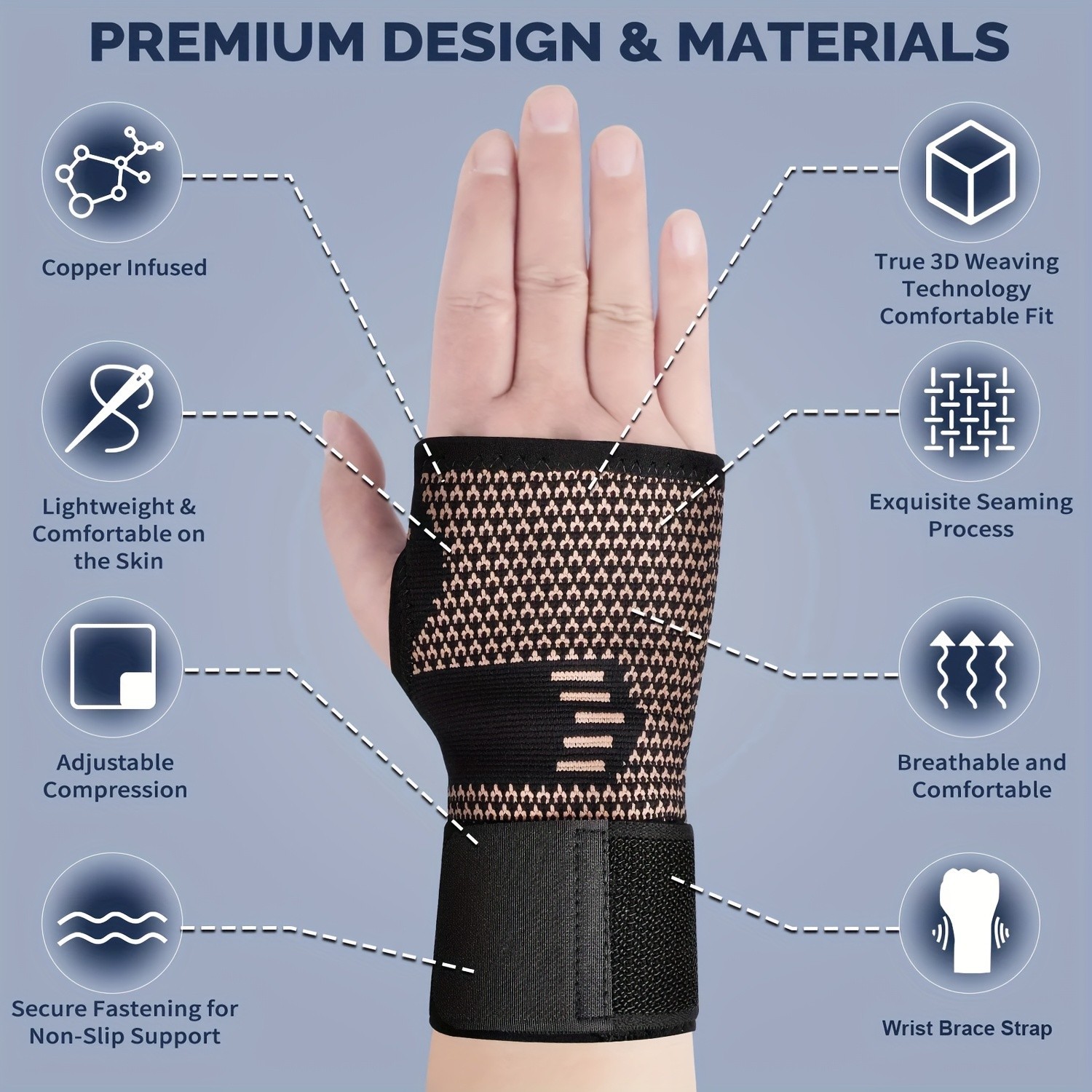 2pcs Copper Wrist Compression Sleeve Comfortable Hand Brace Support for Arthriti