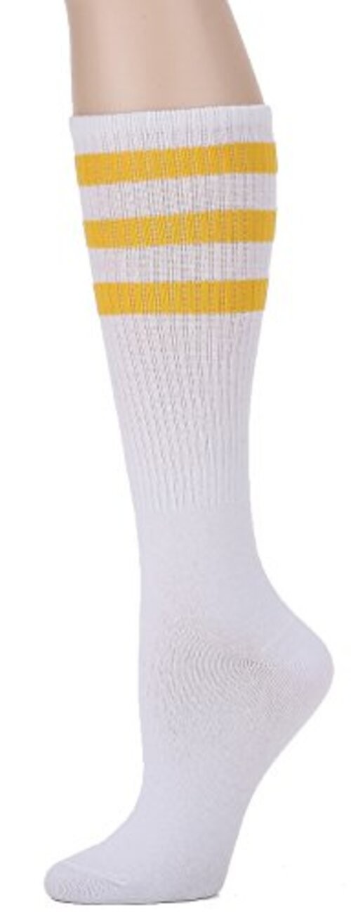 Knee High Tube Socks: Over the Calf Retro Striped Socks One Size White/Yellow