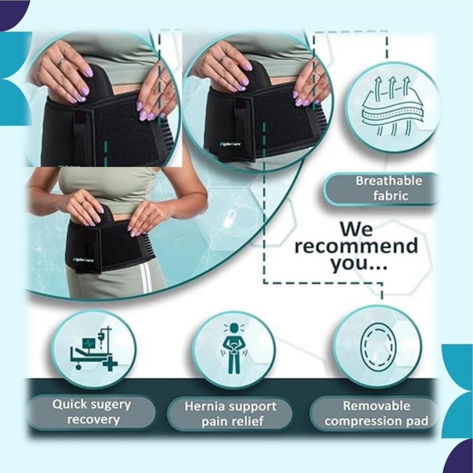 Umbilical Black Hernia Belt Pain relief Support Brace with 1 Removable Compressi