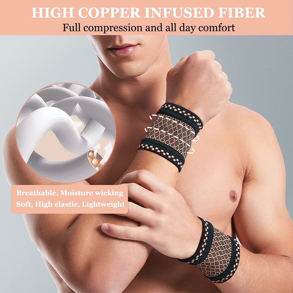 2 -Pcs Copper Wrist Compression Brace, Elastic Wrist Support Sleeve Wrist Braces
