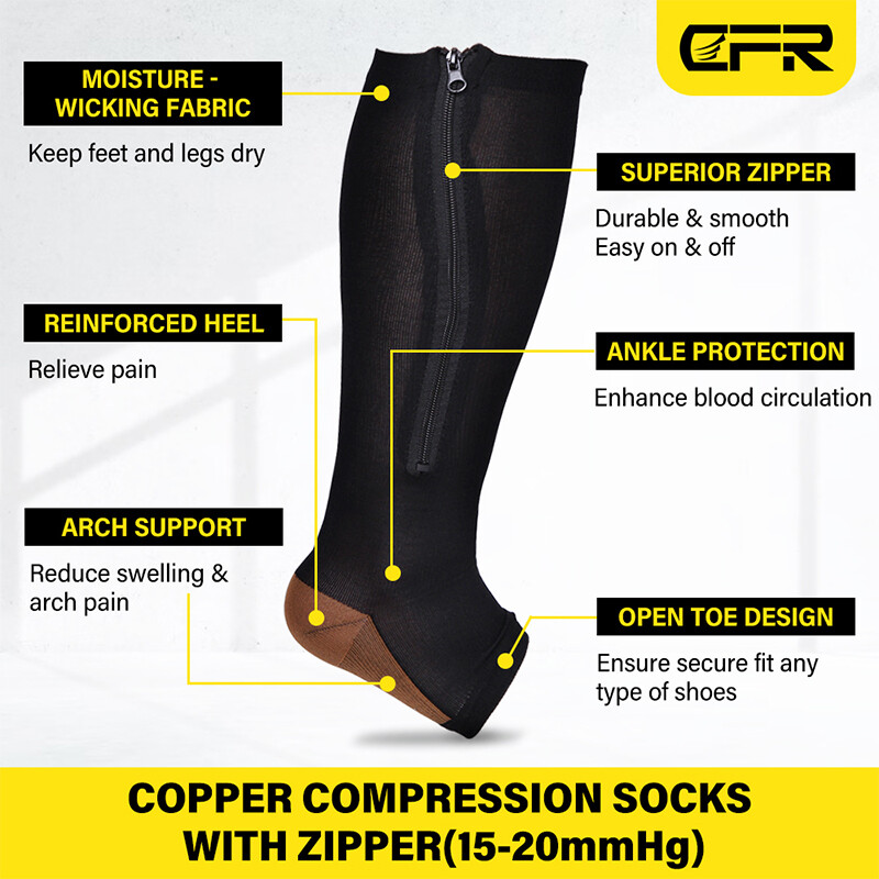 Pair Copper Open Toe Compression Socks Zipper Leg Calf Ankle Support Men Women