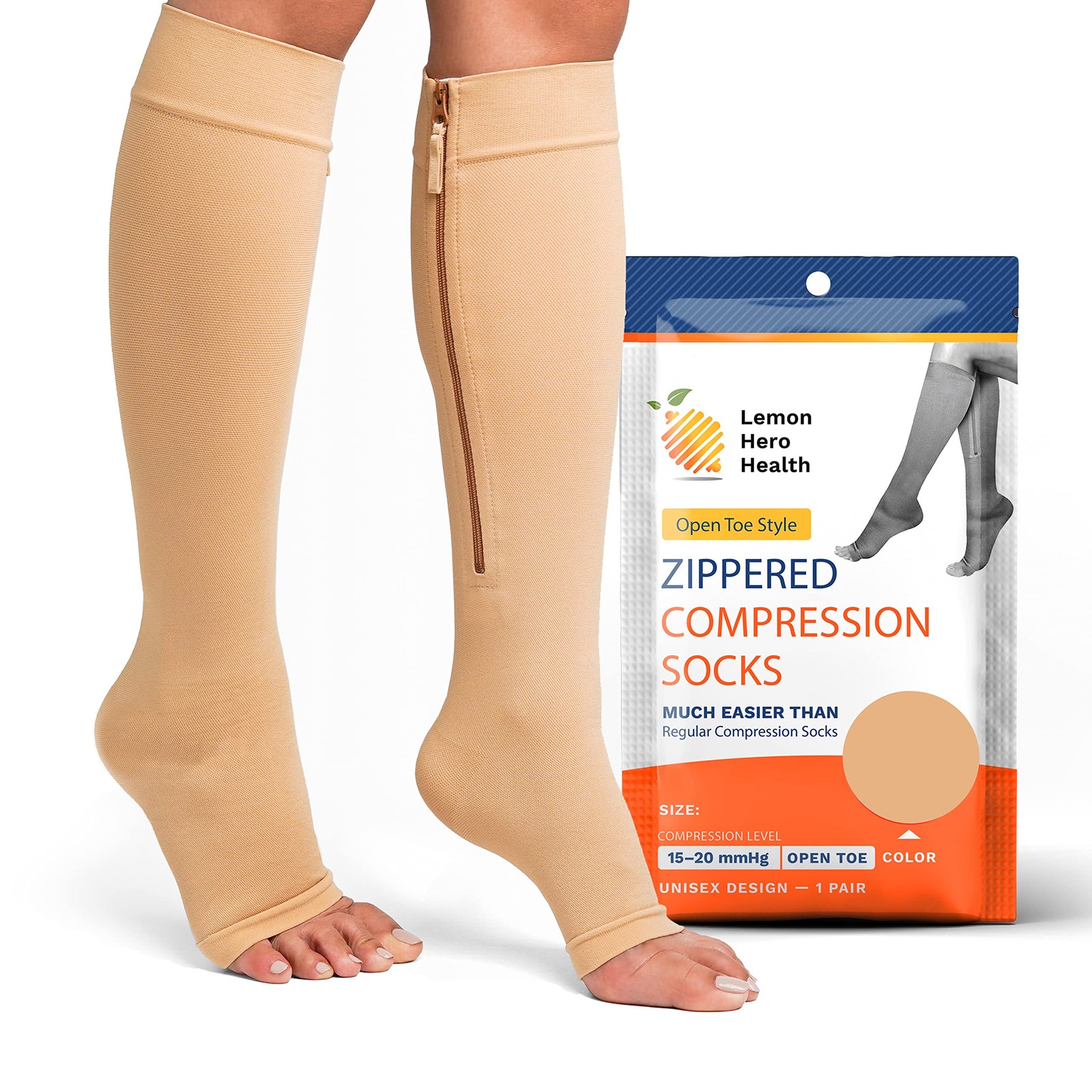 XXL Beige Toeless Compression Socks with Zip Guard for Varicose Veins Relief