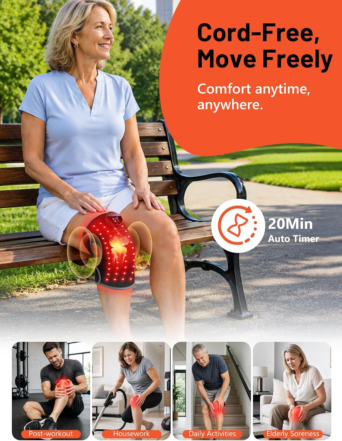 Red Light Therapy Knee Brace 144 Beads with Heat & Vibration Massage | Cordless