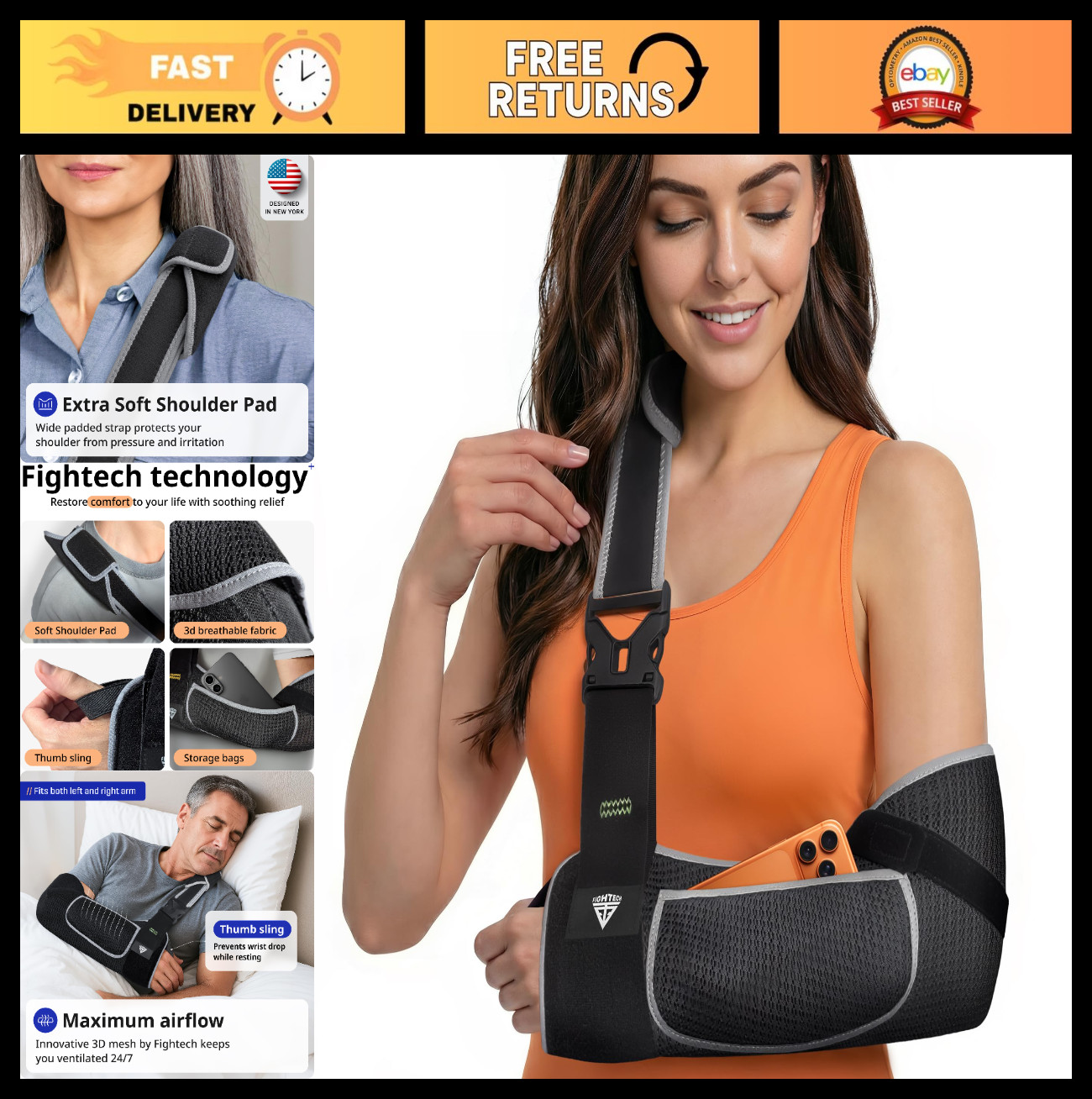 Adjustable Arm Sling Shoulder Immobilizer – Breathable Mesh, Padded Strap, Thumb