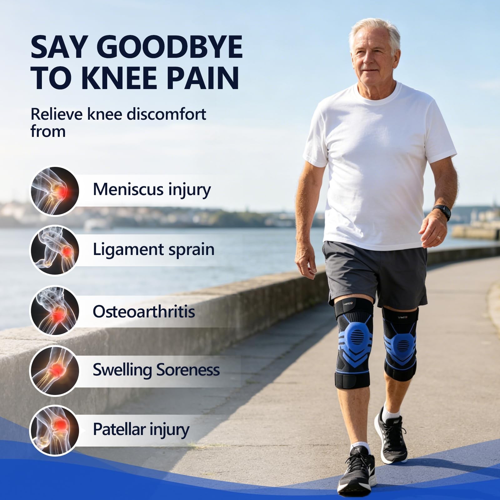 YIMED Knee Brace for Pain with Side Stabilizers & Patella Gel L, Blue