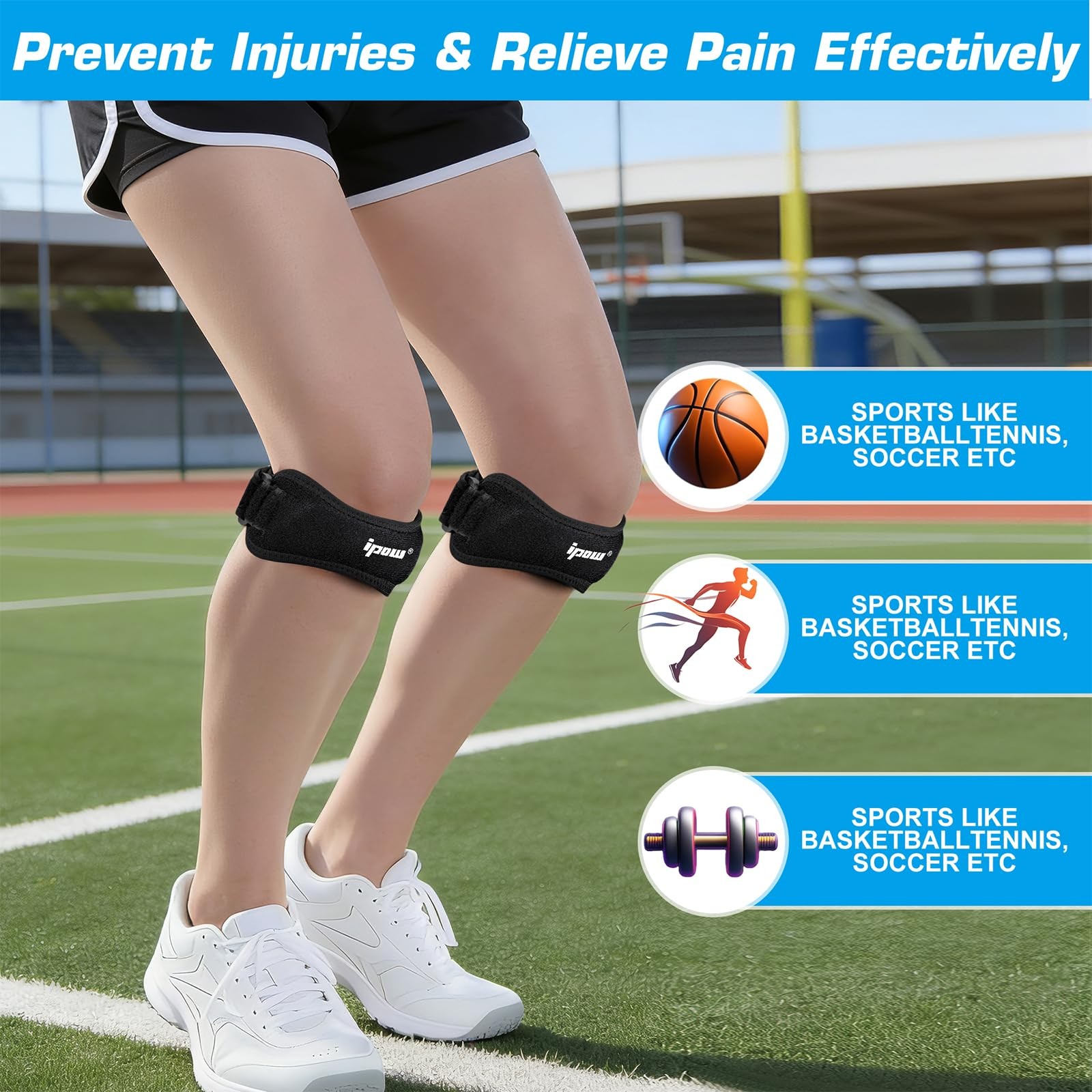 IPOW Patella Tendon Knee Strap 2 Pack Pain Relief & One Size, Black